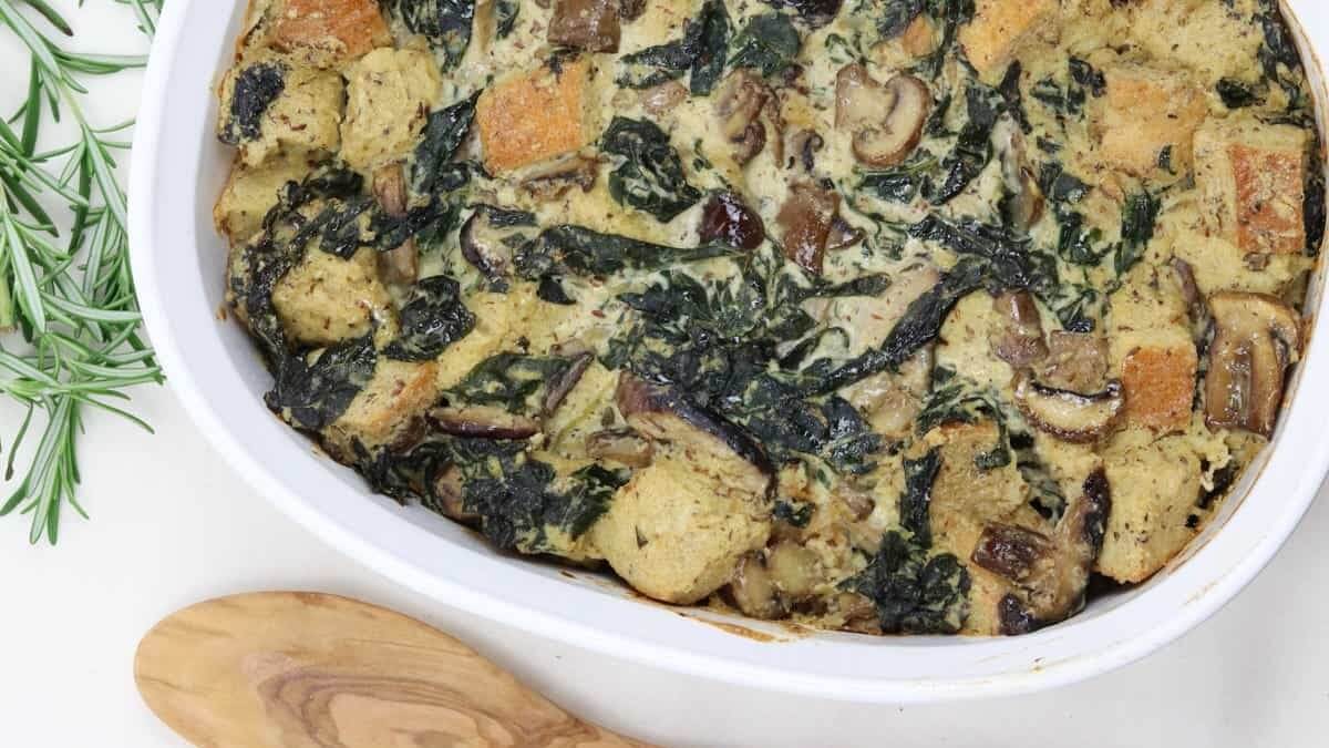 Healthy Vegan Kale Mushroom Bread Pudding Recipe