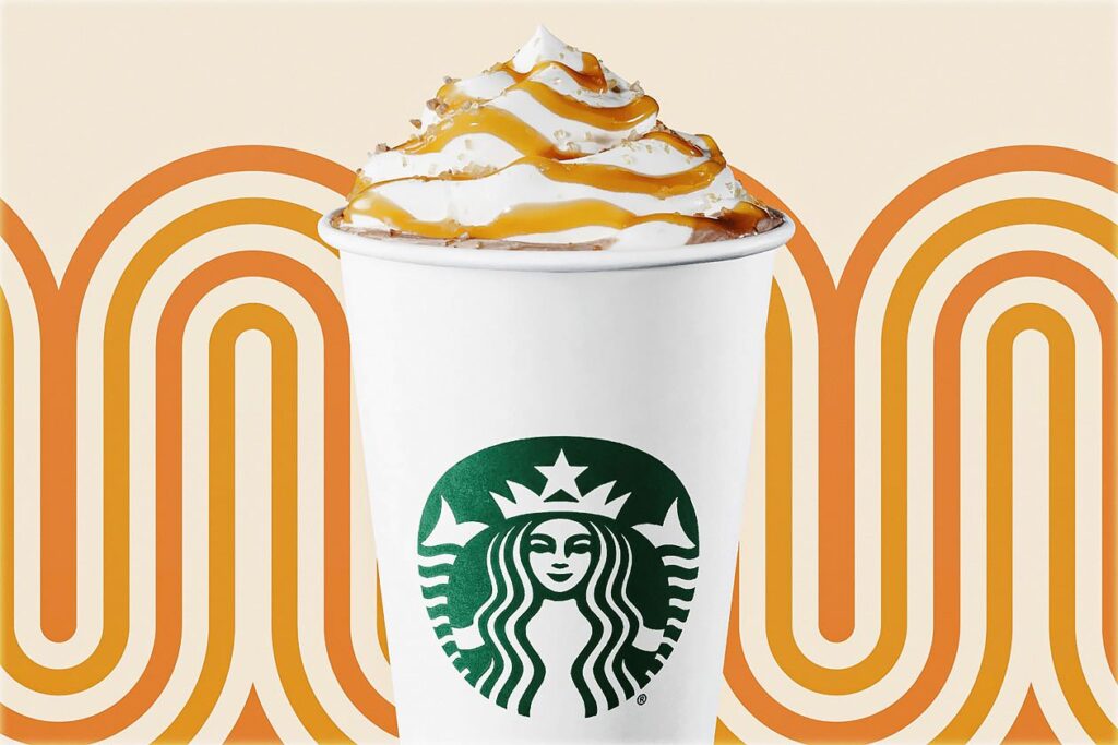 Photo showing a Starbucks Salted Caramel Mocha on a pale orange background
