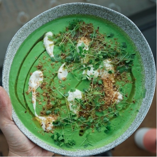 Vegan Green Pea Soup With Ajo Blanco and Nuts