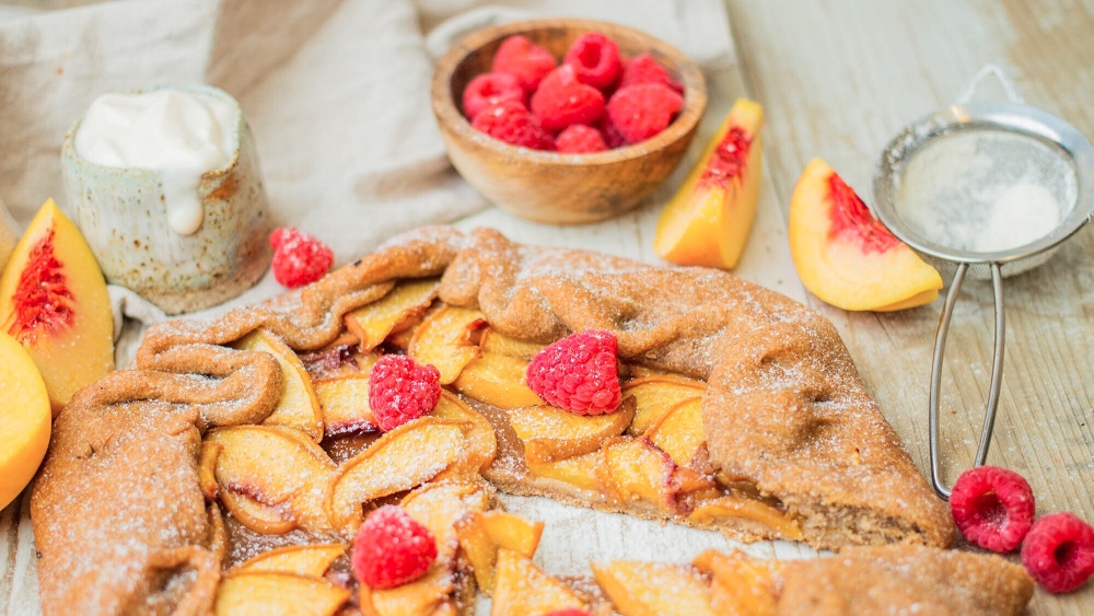 Vegan Peach Galette With Puff Pastry and Raspberries