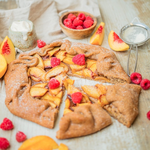 Vegan Peach Galette With Puff Pastry and Raspberries