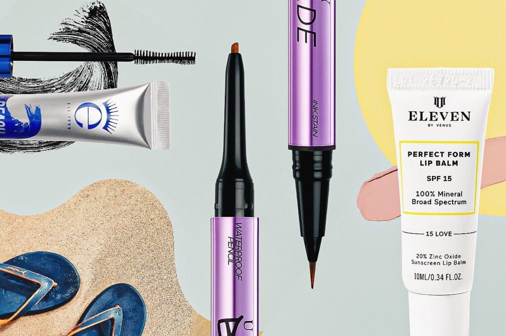 beach beauty products against a beachy background