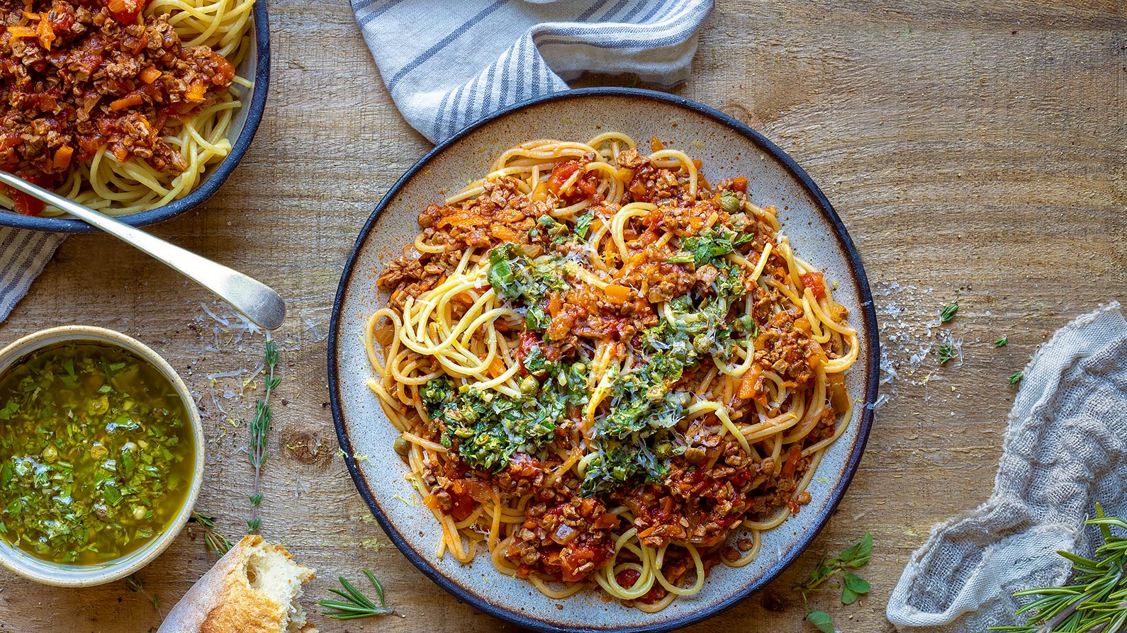 Plant-Based Bolognese with Salsa Verde