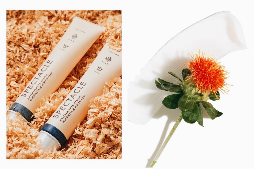 Split image of Spectacle moisturizer (right) and vegan sources of squalene-like oil, including the safflower.