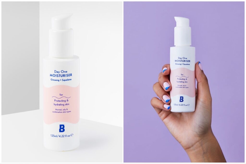 Split image of Beauty Bay Day One moisturizer on a white background (left), and in someone's hand on a purple background (right).