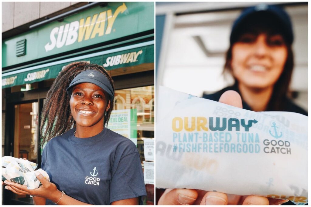 Split image of two different Good Catch employees holding up vegan tuna outside Subway.