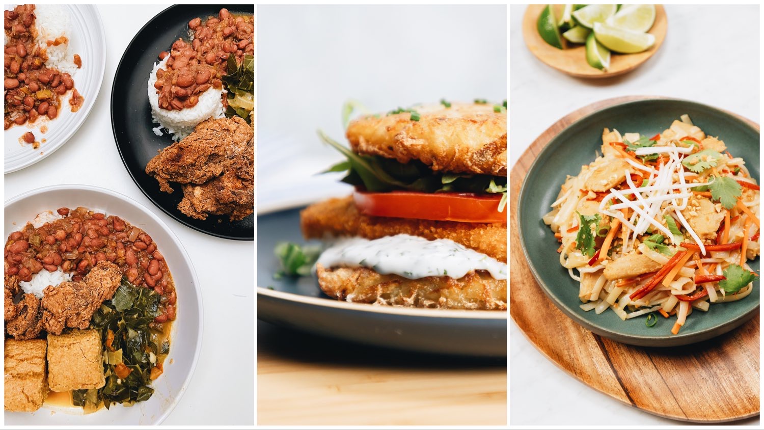 Three way split image featuring photos of a soul food meal (left), a vegan chicken sandwich (center), and orange chicken (right).