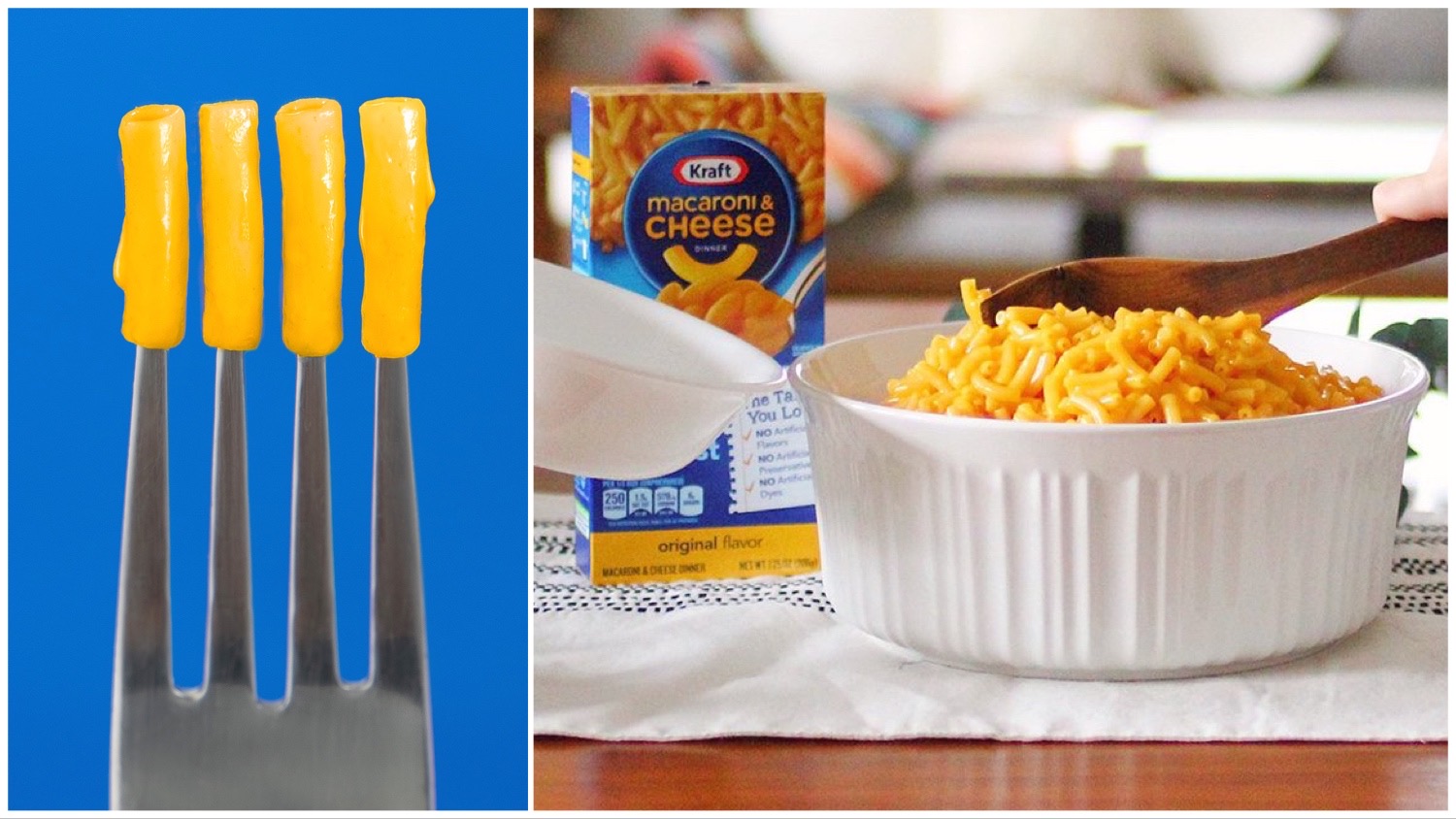 Split image of Kraft logo featuring maceroni on a fork (left) and a box of the brand's vegan mac and cheese next to a plated up serving (right).