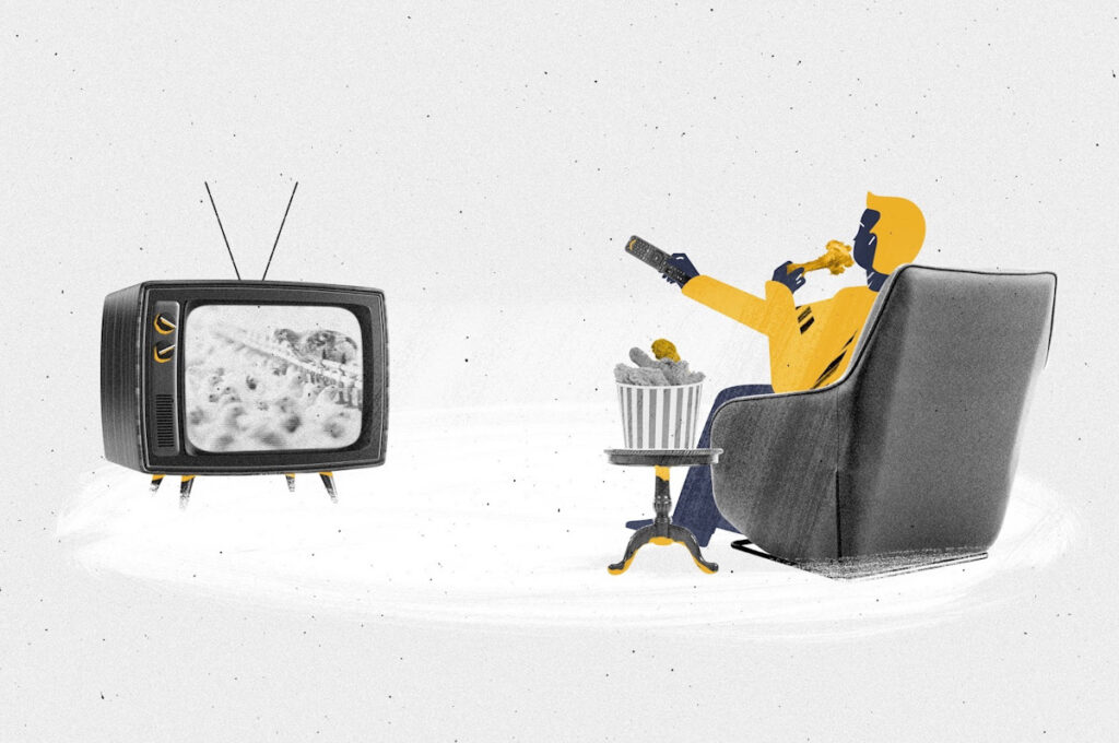 An animation of a person watching TV and eating meat