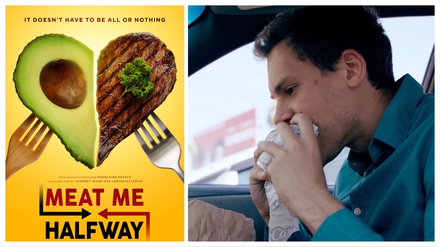 A split photo of the 'Meat Me Halfway' poster and Brian Kateman eating a meat-free meal