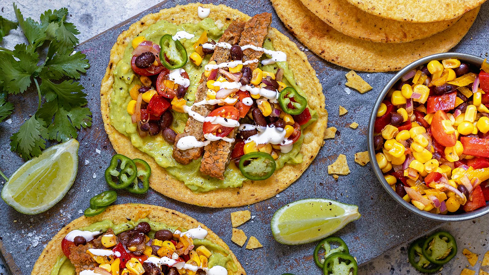 Tostadas get an upgrade with plant-based schnitzel.