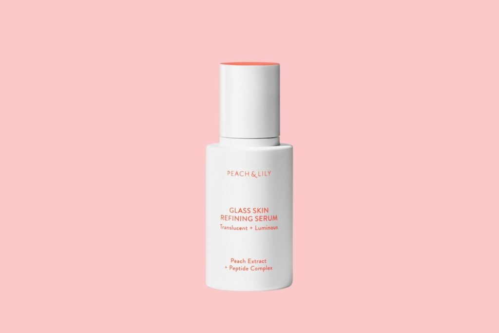 Peach & Lily glass skin serum against a pink background