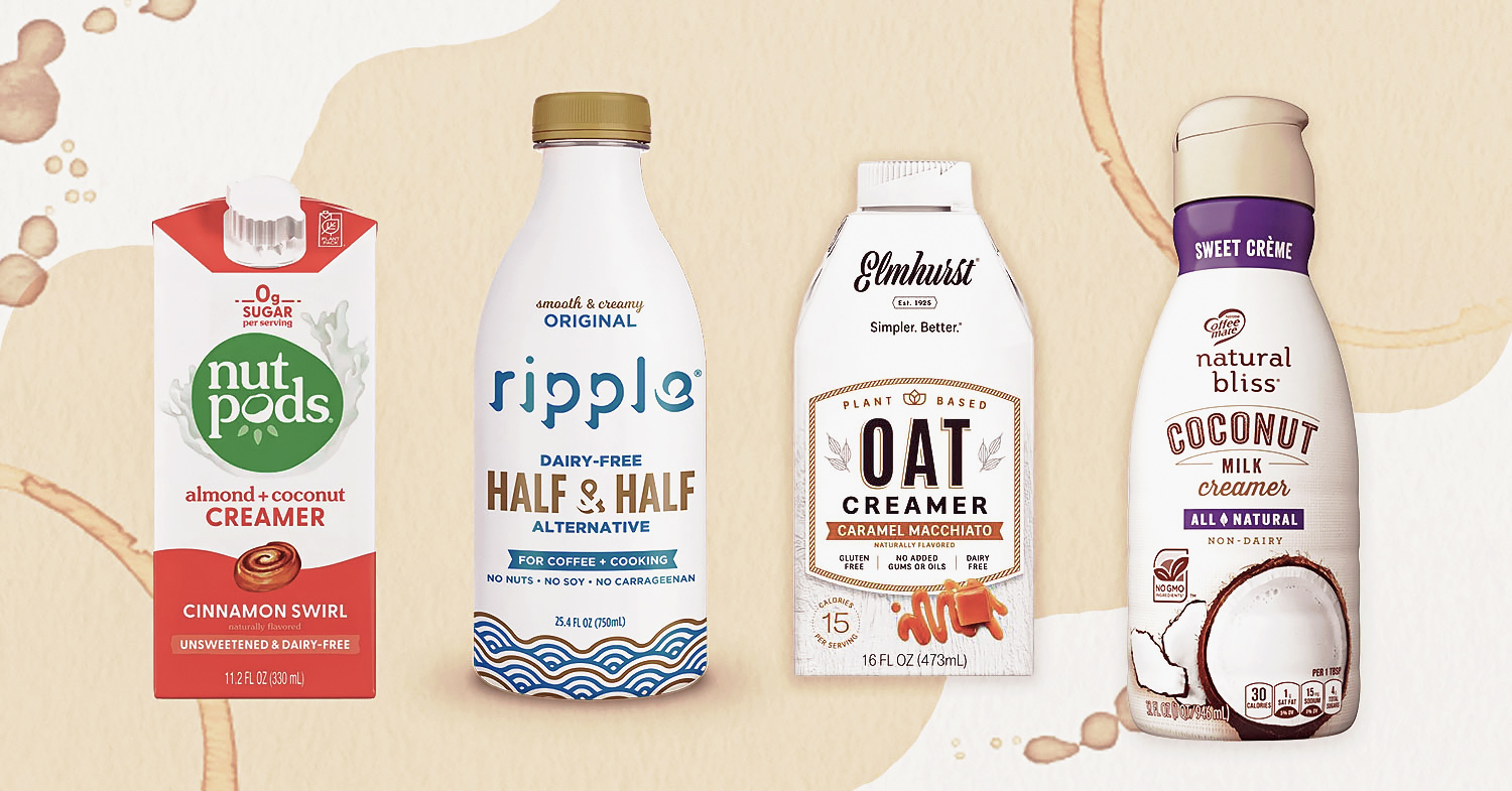 Photo shows Nut Pods, Ripple, Elmhurst, and Natural Bliss plant milks on a pale pink background illustration. These are the very best dairy-free coffee creamers, ranked.