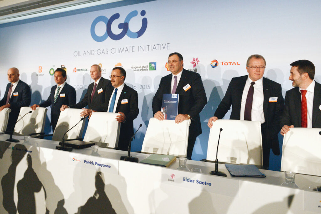 Photo shows a meeting of the Oil and Gas Climate Inititative (OGCI) in 2015. From left to right: BG Group CEO Helge Lund, Eni CEO Claudio Descalzi, Pemex CEO Emilio Lozoya, BP CEO Bob Dudley, Saudi Aramco CEO Amin Nasser, Total CEO Patrick Pouyanne, Statoil CEO Eldar Saetre, and Repsol CEO Josu Jon Imaz.