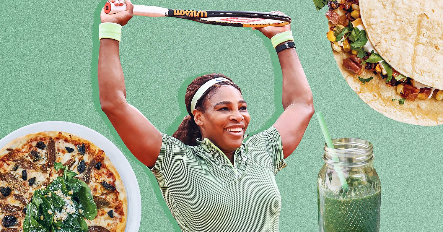 Serena Williams against a green background, surrounded by her favorite vegan dishes