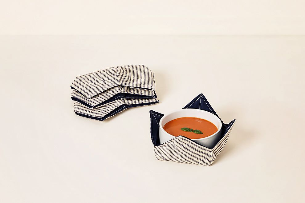 Photo shows striped soup cozies