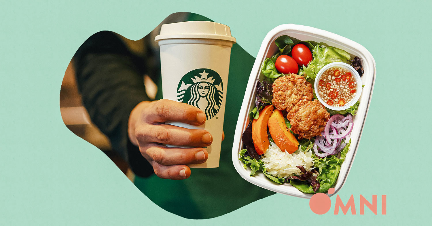 Photo shows a collage of a Starbucks employee holding a branded Starbucks cup (left) next to the new plant-based crab dish. This is not the first time Starbucks Hong Kong has used vegan ingredients.