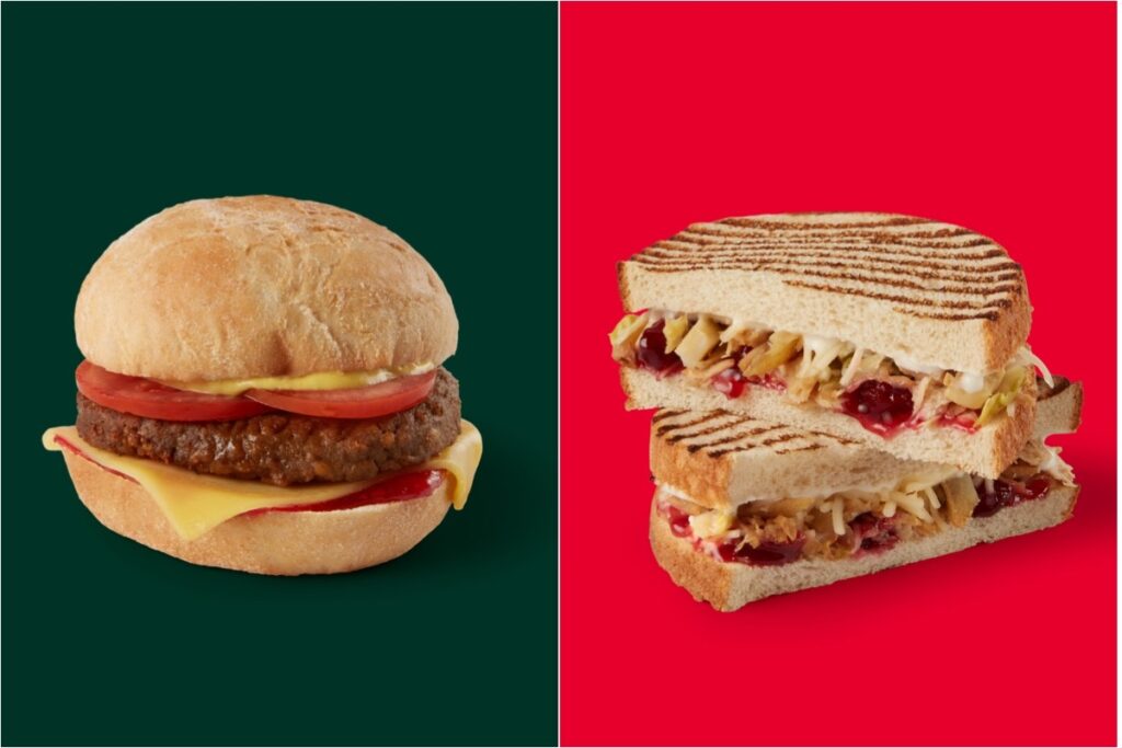 Split image shows the Turkee & Trimmings Toastie and the Very Berry Beyond Meat Sandwich, both available on Starbucks' new holiday menu.