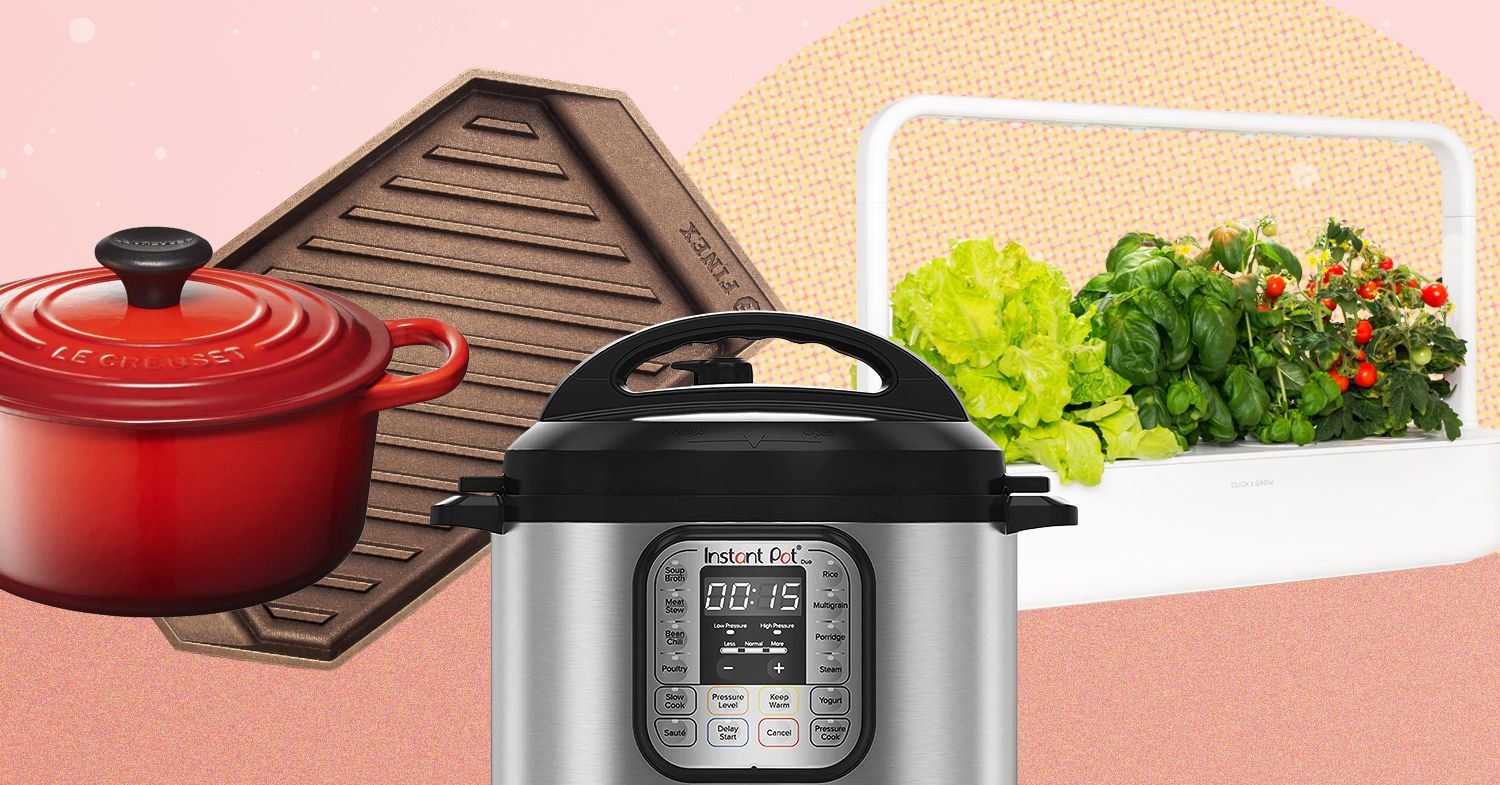 an instant pot, sheet pan, and cooking pot against a pink background