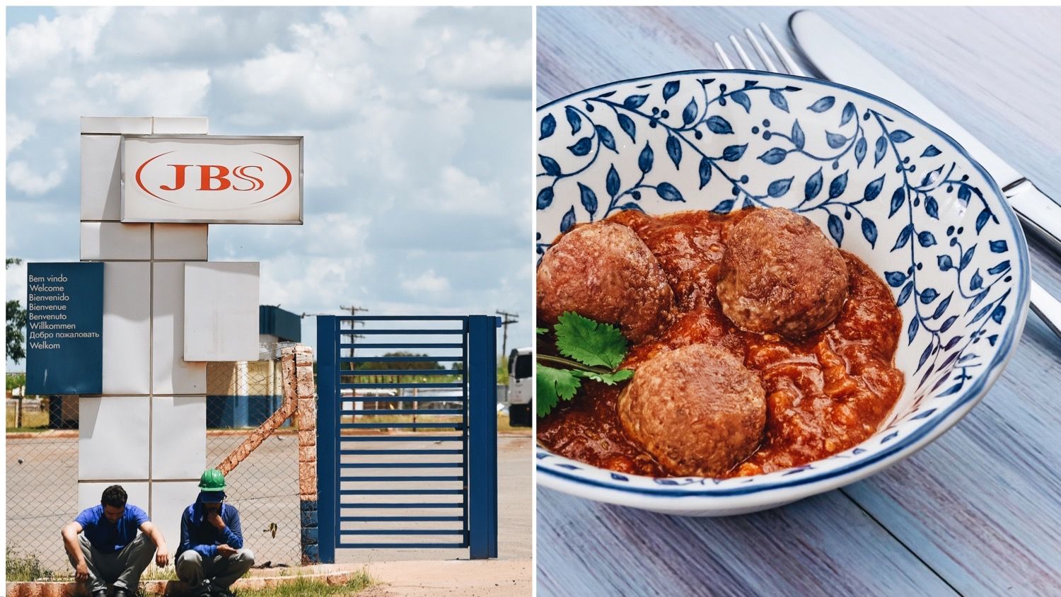 Photo shows a JBS-owned building split with cultured meatballs made by BioTech Foods