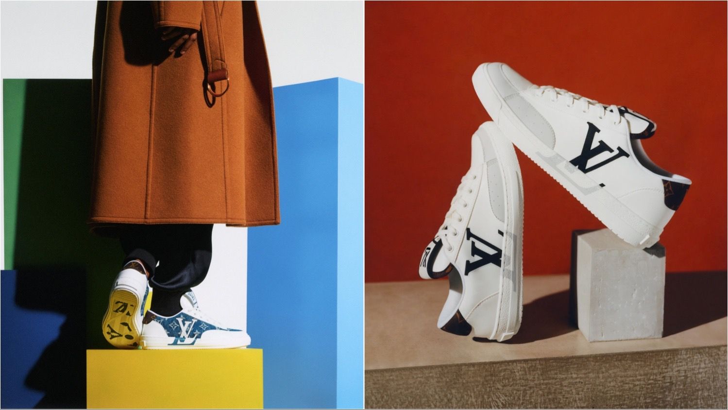 A person wears Louis Vuitton sneakers on a yellow box, split with a close up of the sneakers