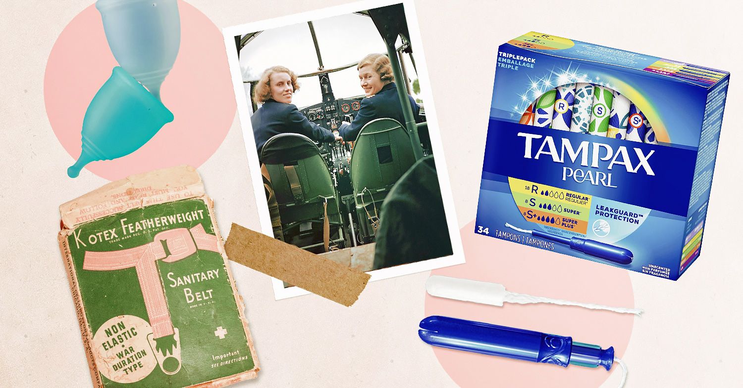 Photo collage shows women pilots, vintage Kotex sanitary pads, Tampax pearl, and a menstrual cup