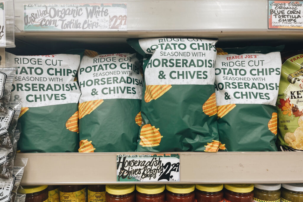 Photo shows ridge cut potato chips in horseradish and chive flavor, one of the new items at Trader Joe's for November 2021.