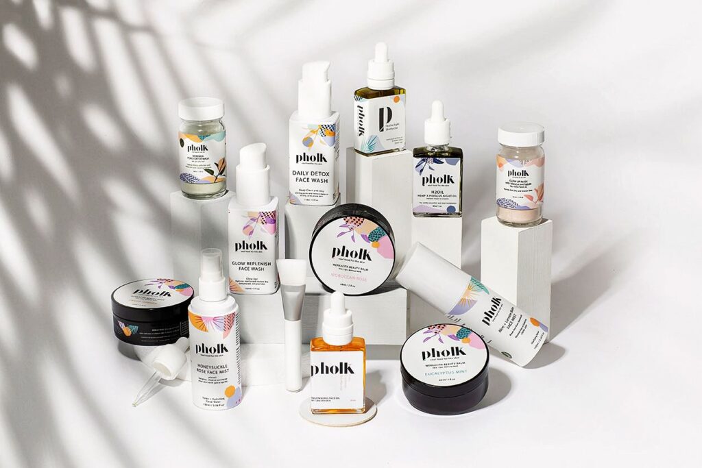 Photo shows the product lineup of Pholk Beauty, a cruelty-free and vegan skincare brand developed for people of color.