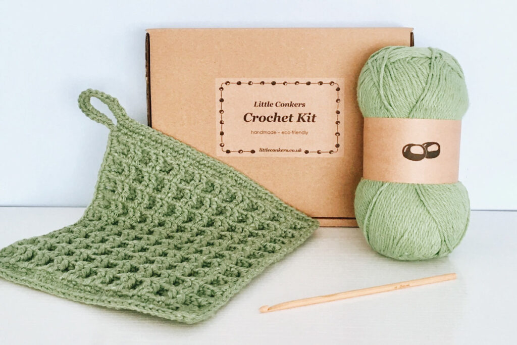 Photo shows a Little Conckers crochet kit. Craft kits are an ideal self-care gift for creative types.