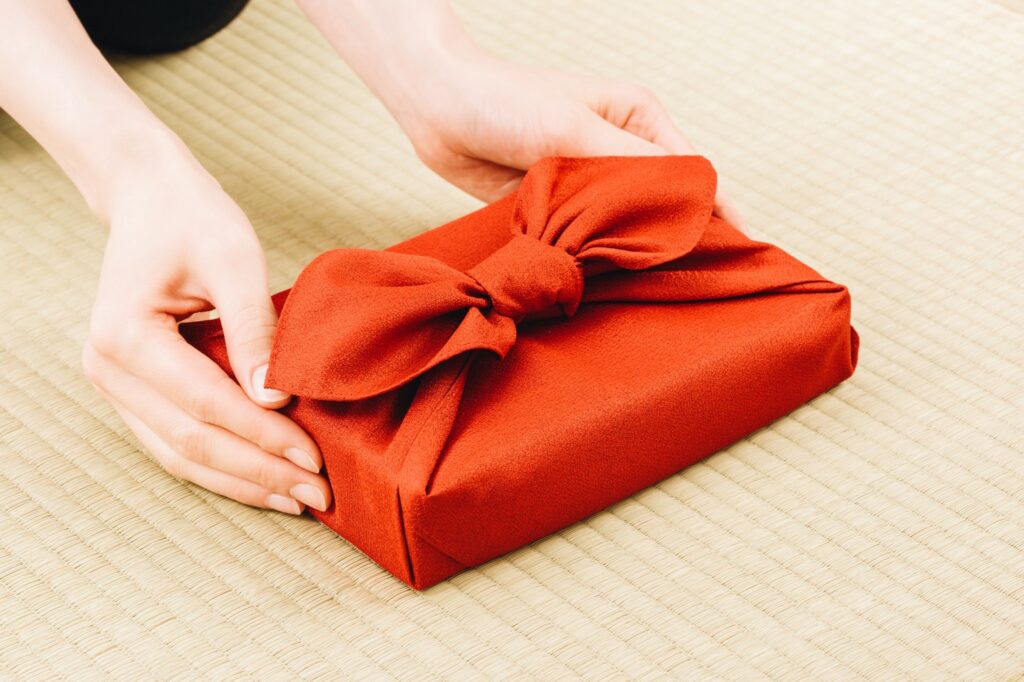 The photo shows Furoshiki, a Japanese wrapping fabric used for gifts.