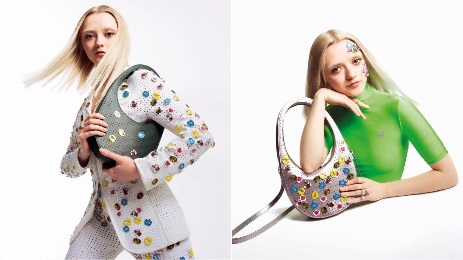 Maisie Williams models Coperni's vegan apple leather bags