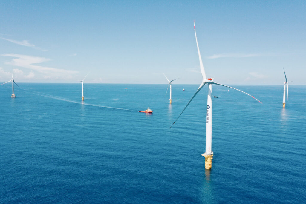 Photo shows offshore wind farms.