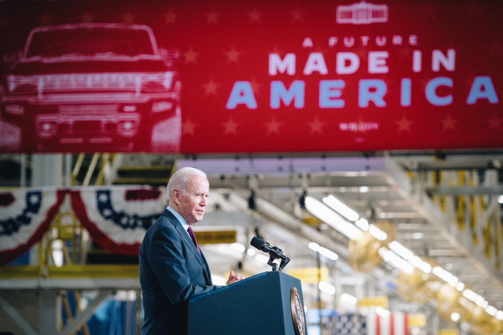 Photo shows President Joe Biden speaking at General Motors' Factory ZERO electric vehicle assembly plant in Detroit, Michigan last year.