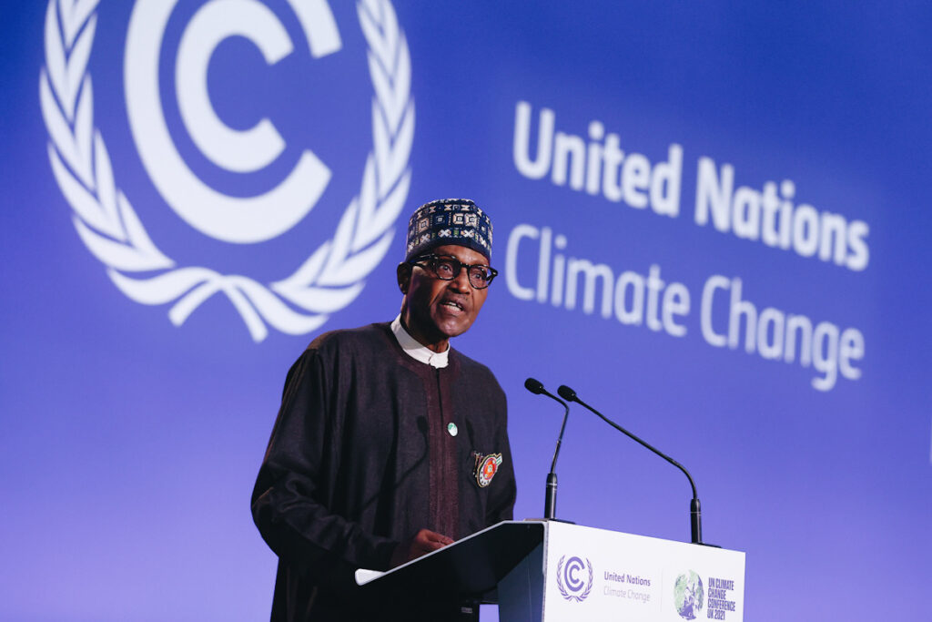 Photo shows Nigeria's President Muhammadu Buhari speaking at COP26 last year. Signing this climate bill into law could have a significant impact on the environment in 2022.
