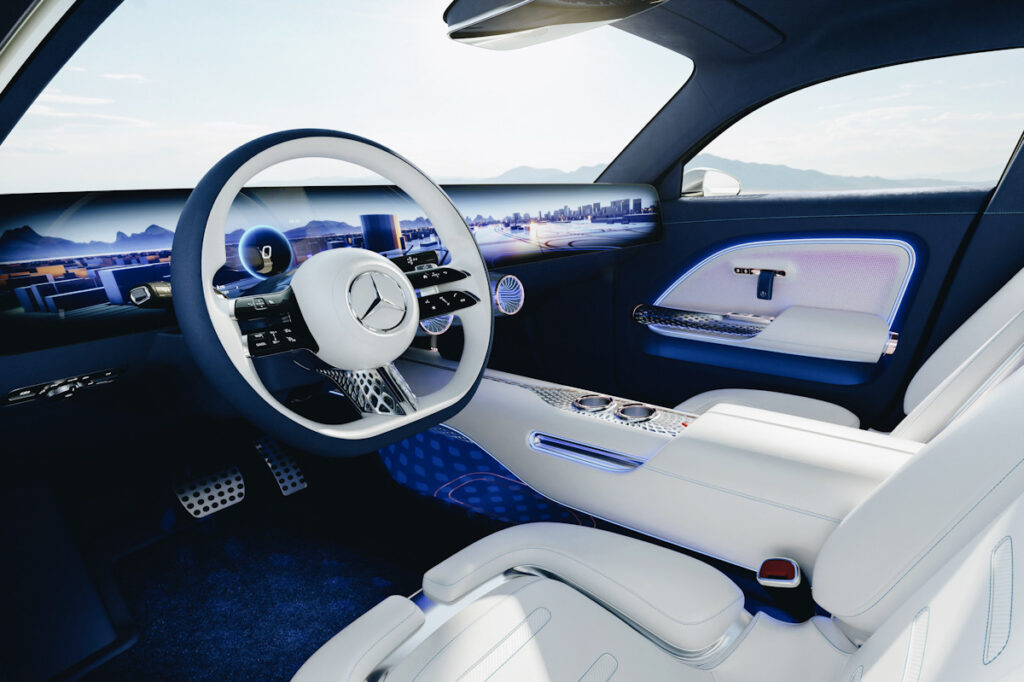 Photo shows the interior of the Mercedes-Benz VISION, the first solar-powered electric car from Mercedes.