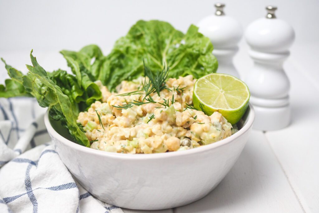 Photo shows vegan tuna salad made from chickpeas, another quick and nutritious recipe.