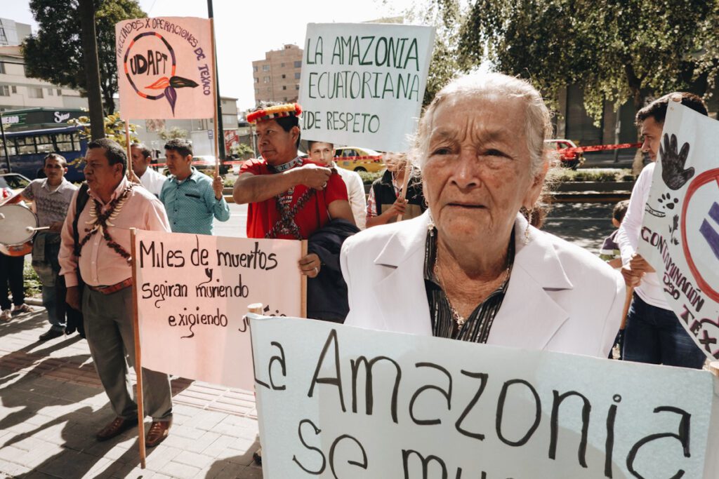 Indigenous protestors demonstrate in Quito over cancelled damages for Chevron's decades of environmental destruction in the region. The supreme court recently confirmed that Indigenous peoples should have final say over what extractive projects go ahead on their land.