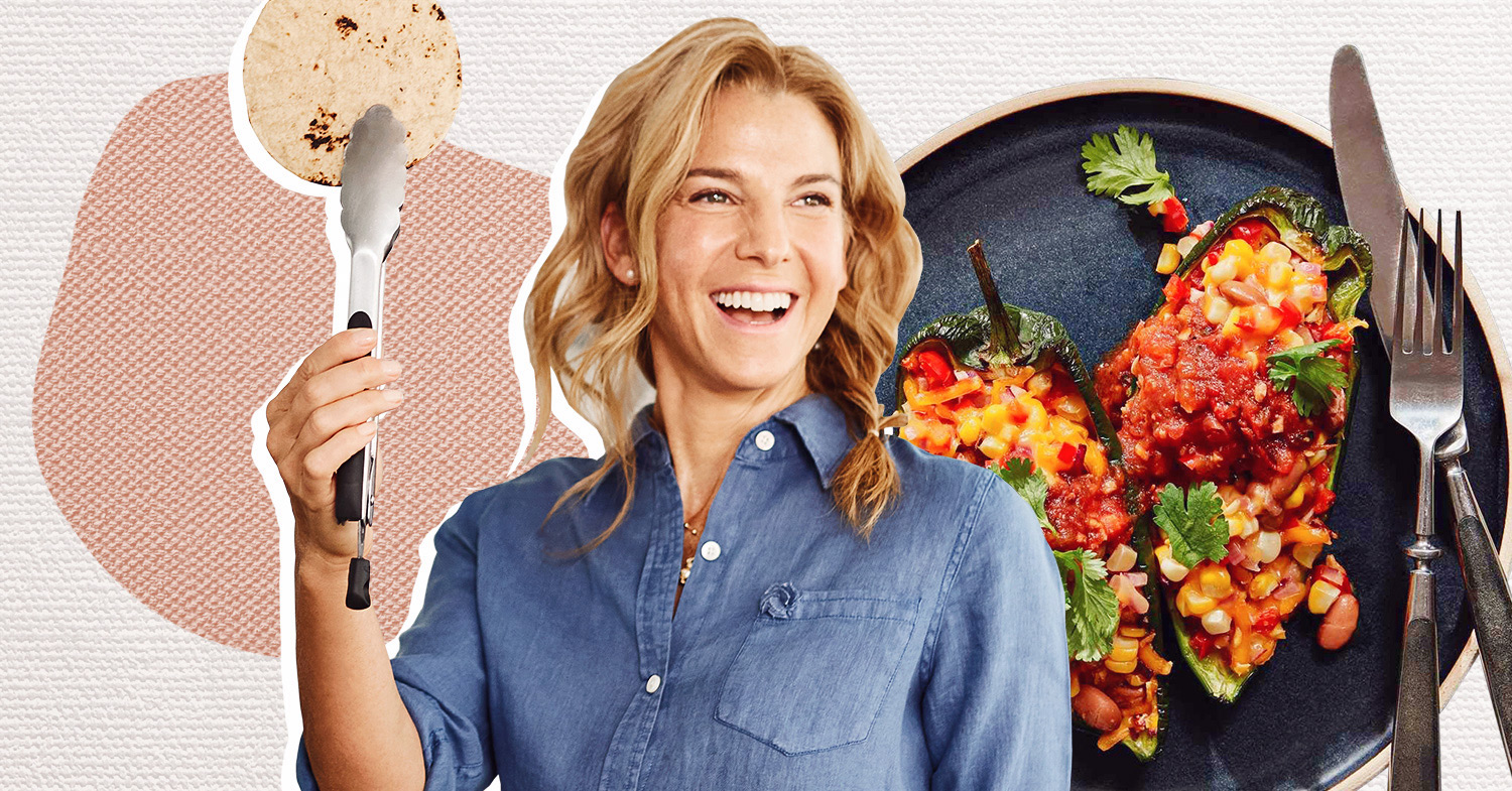 Photo shows Jessica Seinfeld on a pale pink illustrated background next to a vegan dish.