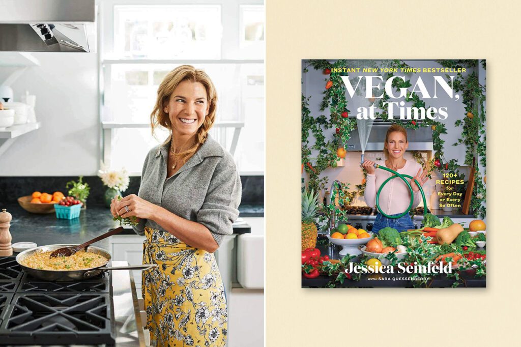 Split image shows Jessica Seinfeld (left) and her new cookbook, 'Vegan at Times,' right.