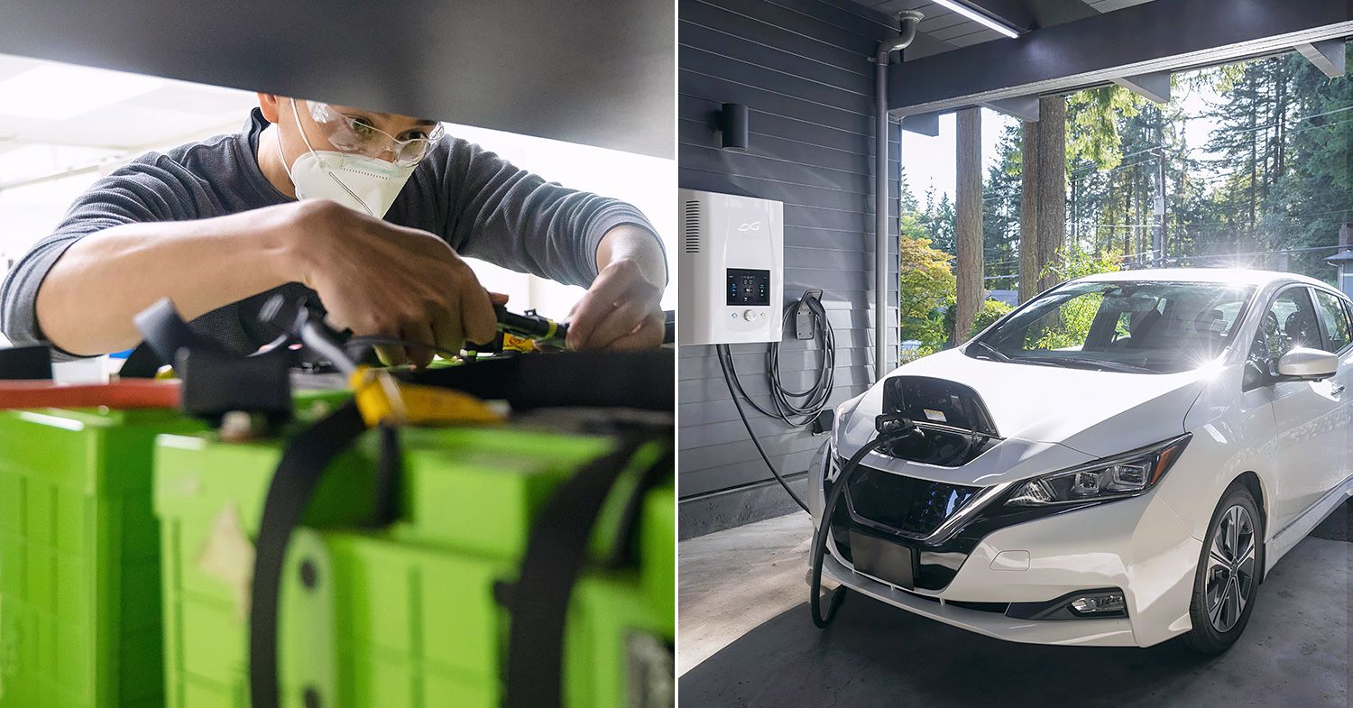 Photo shows a person working on an EV battery. The other half of the image shows an electric car charging.