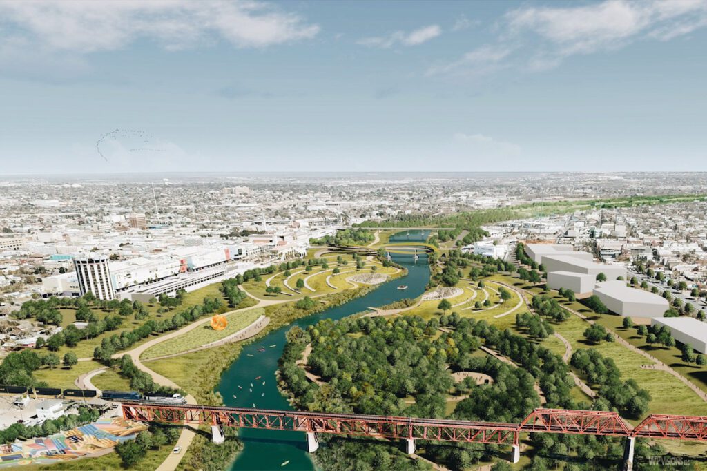 Photo shows a design concept for a new binational park on the US-Mexico border.