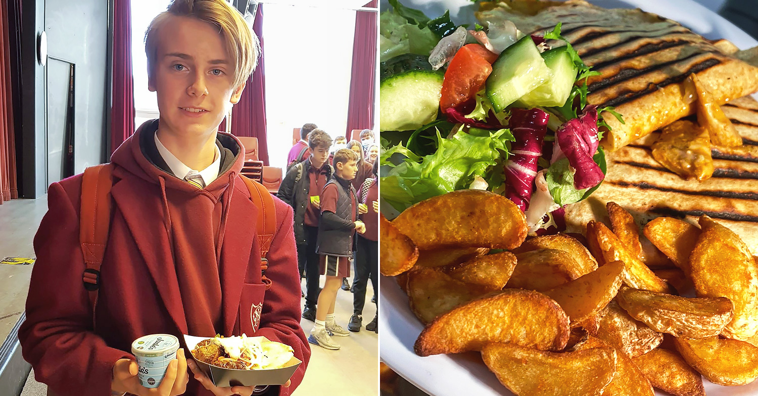 Spit image shows a pupil at the UK's Our Lady of Sion school with a vegan school lunch (left), and a close up of one of the meals (right).