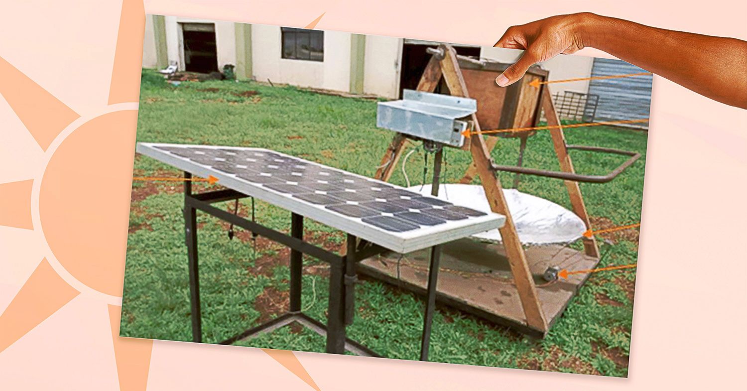 Photo shows a solar-powered oven on a lawn
